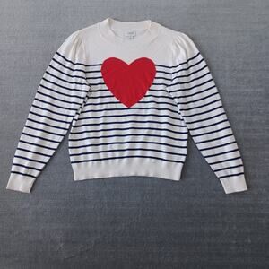 J Crew Sweater Women M Cream Heart Striped Puff Sleeve Casual Minimalist Casual